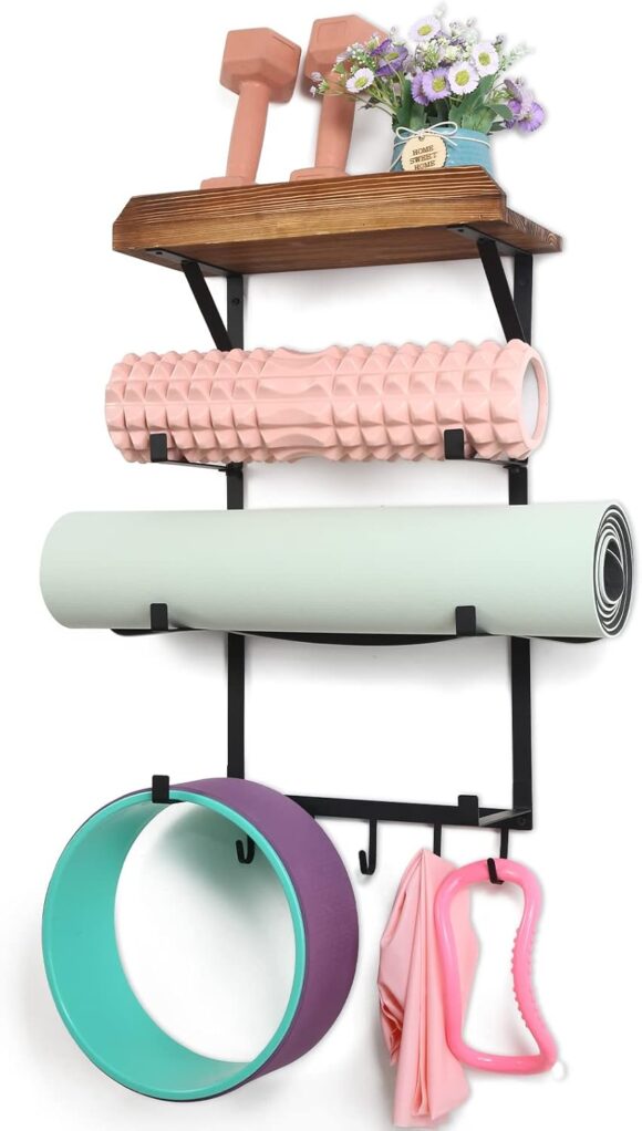 DOCMON Yoga Mat Holder, Wall Mount Yoga Mat Rack Home Gym Accessories, Storage for Foam Roller, with Wood Floating Shelves and 5 Hooks for Hanging Yoga Strap and Resistance Bands