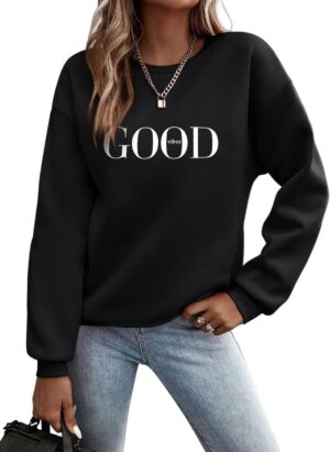 ELFIN Womens Crew Neck Long Sleeve Sweatshirt Printed Good Vibes Graphic Casual Pullover Tops