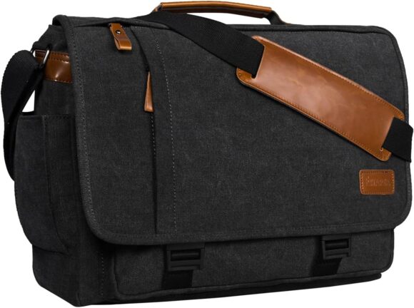 Estarer Laptop Messenger Shoulder Bag 17.3 Inch Mens Water Resistant Canvas Satchel Briefcase for Work Office(Dark Grey)