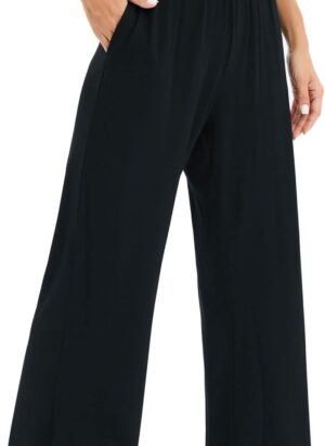 Famulily Women's Casual Stretch Pull On Wide Leg Trousers Ladies Elasticated Smocked Waist Lounge Pants with Pockets