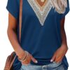 Famulily Women's Lace Trim V Neck T-Shirts, Short Petal Sleeve Summer Dressy Tops Casual Blouses S to XXL