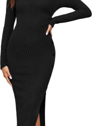 Famulily Women's Long Elegant Dress Solid Long Sleeve Crew Neck Rib Knit Side Split Dresses Casual Party Jumpers Sweaters S-XL