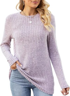 Famulily Women's Long Sleeve Tops Casual Round Neck Ladies Lightweight Knit Jumpers