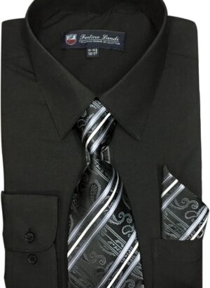 Fortino Landi Men's Long Sleeve Dress Shirt With Matching Tie And Handkerchief