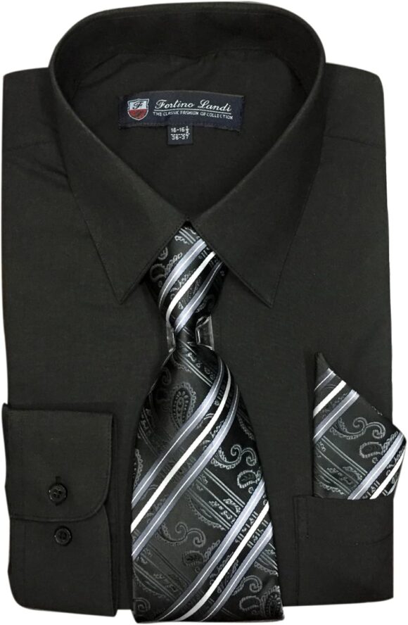 Fortino Landi Men's Long Sleeve Dress Shirt With Matching Tie And Handkerchief