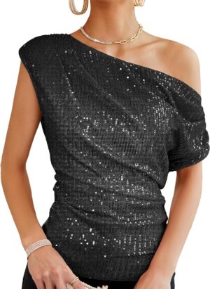 GRACE KARIN Women Elegant Sequin Tops Party Glitter Ruched Wrap Tops Sparkly Blouse