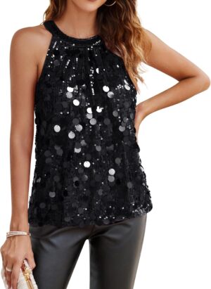 GRACE KARIN Women Sparkly Halterneck Sequin Vest Sleeveless Party Top for Night Out