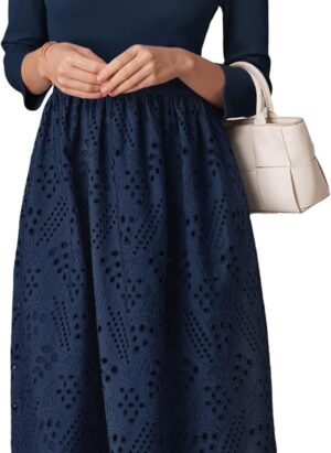 GRACE KARIN Women's Casual Dress Elegant Midi A-Line Dresses for Wedding Guests Eyelet Embroidery Cutout Dress with Pockets