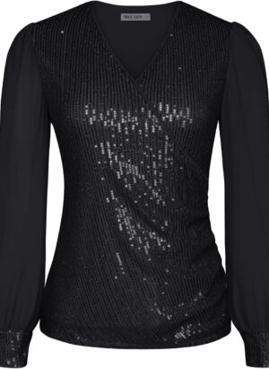 GRACE KARIN Women’s Sequin Top Long Lantern Sleeve V-Neck Wrap Sparkly Party Blouse for Evening