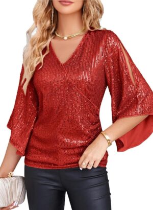 GRACE KARIN Women's Sequin Tops 3/4 Sleeve Glitter Sparkly Party Blouse Wraped V-Neck Fall Going Out Shirt