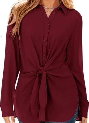 GRACE KARIN Women's Shirt Long Sleeve Button Down Formal Shirts Tie-Waist Chiffon Dress Shirt Business Casual Office Work Shirt Regular Fit Blouse Solid Colour Top