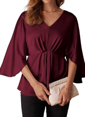 GRACE KARIN Women's Tops Satin 3/4 Ruffle Sleeve A-Line Peplum Tunic Blouses V-Neck Smocked Ruched Blouses