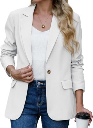 GRECERELLE Womens Blazer Suit Notch Lapel Open Front Cardigan Casual Blazer with Long Sleeves Pockets and Single Button Design for Work Office Wear