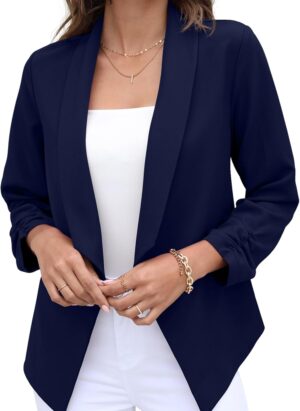 GRECERELLE Womens Blazer Suit Open Front Cardigan 3/4 Ruched Sleeve Casual Work Office Cropped Blazer Jacket for Ladies