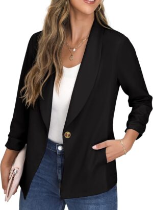 GRECERELLE Womens Blazer Suit Open Front Cardigan Ruched Sleeve Work Office Blazer Jacket with Buttons Pockets