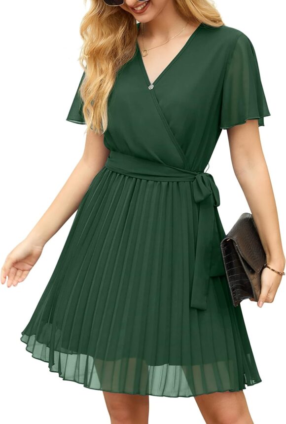 GRECERELLE Womens Summer Casual Wrap Dress Chiffon Cute Pleated Beach Tie Waist Dresses for Women