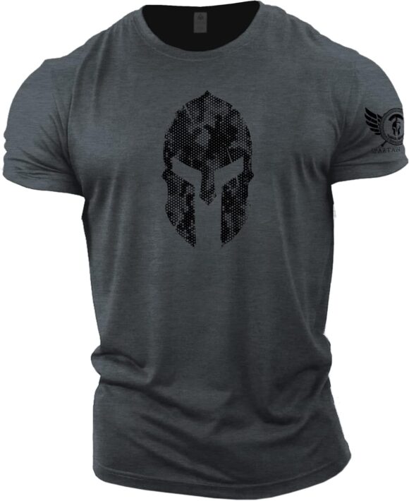 GYMTIER Spartan Forged - Spartan Helmet Hex Camo - Men's Gym T-Shirt Bodybuilding Training Workout Lifting Top Clothing