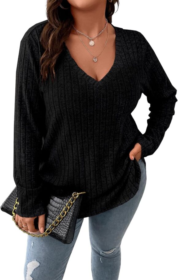 Gemulate Plus Size Jumpers for Women Long Sleeve Tops Casual Ladies Loose V Neck Lightweight Sweatshirts Sweater (XL-5XL)