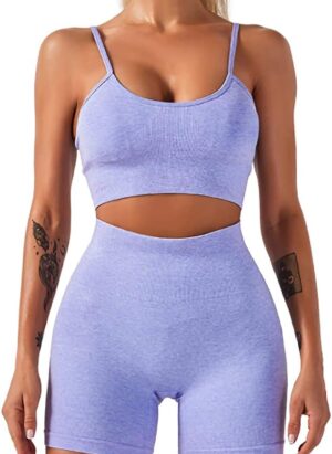 HANERDUN Workout Outfits for Women 2 Piece Tracksuit Set Ribbed Seamless Gym Running Yoga Sportswear Sports Bra Crop Tank and High Waist Shorts