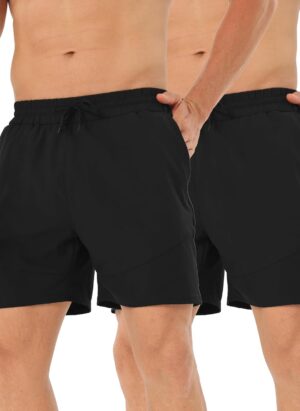 HOPLYNN Men's 2 Pack Running Shorts Lightweight Breathable Sports Gym Training Shorts with Drawstring and Zippered Pockets