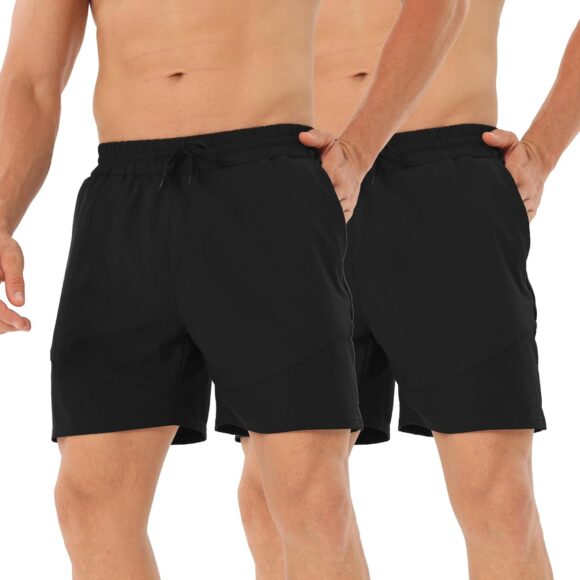 HOPLYNN Men's 2 Pack Running Shorts Lightweight Breathable Sports Gym Training Shorts with Drawstring and Zippered Pockets