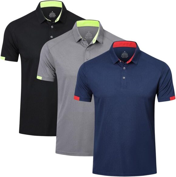 HUAKANG 3 Pack Mens Polo Shirts Short Sleeve Breathable Quick Dry Golf Polo Shirts Mens Running Sports Tee Top Gym Workout Polo T Shirts