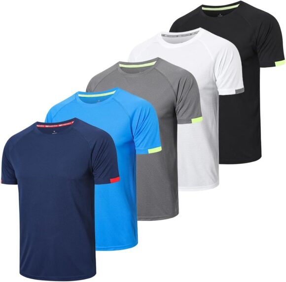 HUAKANG Mens Short Sleeve Crew Neck Gym T Shirt Running Tops Mens Breathable Moisture Wicking Active Workout Shirts