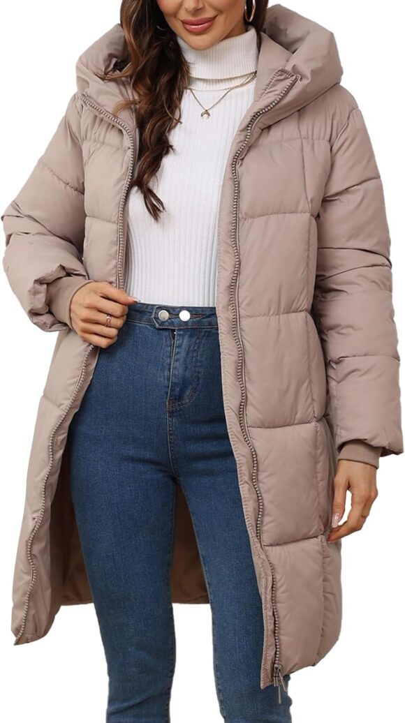 Happy Cherry Puffer Coat for Women Winter Thicken Warm Coat with Pockets Hooded Windproof Long Jacket