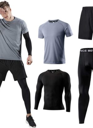 Holure Men's Sports Running Set (Pack of 4 or 5) Athletic Shirt+Short/Compression Shirt+Pants with Coat Tracksuit Gym Suits