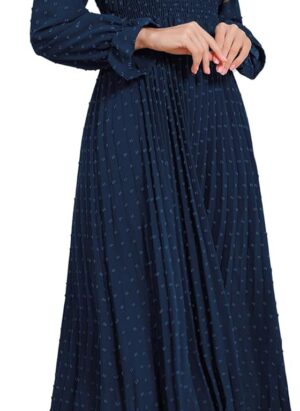 IDOPIP Women Fall Midi Dress Swiss Dot Long Sleeve V Neck Elegant Casual Flowy A-Line Dresses High Waisted