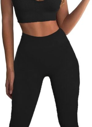 JN JANPRINT Yoga Workout Sets for Women 2 Piece Gym Outfits Ribbed Seamless Crop Tank High Waist Leggings Sport Bra Jumpsuit Set