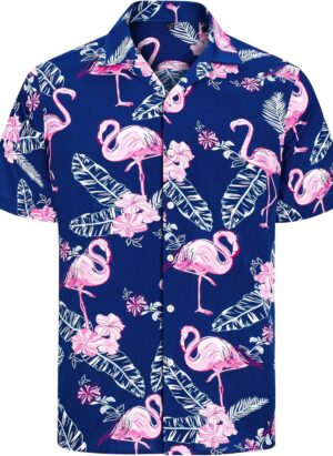 J.VER Mens Hawaiian Shirt Funky Flower Flamingo Beach Casual Short Sleeve Summer Shirts