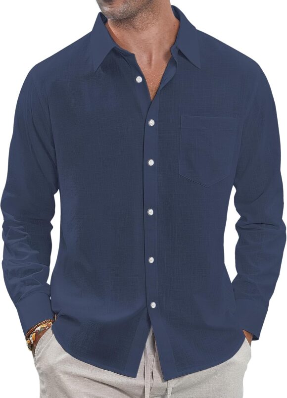 J.VER Men's Linen Cotton Shirts Long Sleeve Regular Fit Casual Solid Shirt Lightweight Summer Beach Shirts with Pocket