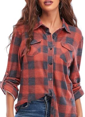 Jhsnjnr Womens Casual Long Sleeve Checked Shirts Button Down Plaid Flannel Shirt Blouse Tops