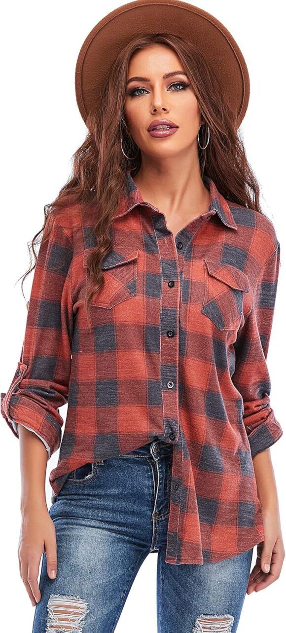 Jhsnjnr Womens Casual Long Sleeve Checked Shirts Button Down Plaid Flannel Shirt Blouse Tops