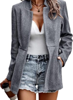 Jhsnjnr Women's Jackets Open Front Casual Business Office Cardigan Blazers Long Sleeve Stand Collar Outwear Coats