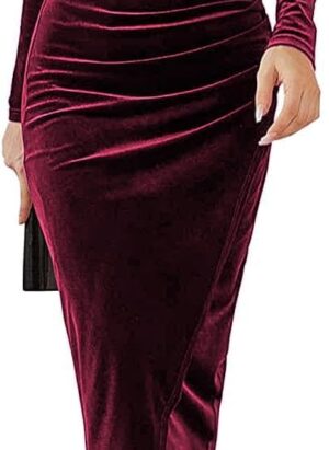 Joligiao Women Long Sleeve Velvet Dress Wrap V Neck Elegant Party Dress Sexy Ruched Long Wrap Cocktail Dress High Waist Slit Evening Dress Clubbing Dress