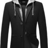 KUDORO Mens Blazer Jacket with Detachable Hood Slim Fit Suit Jackets Two Button Casual Tuxedo for Men Classic Blazer