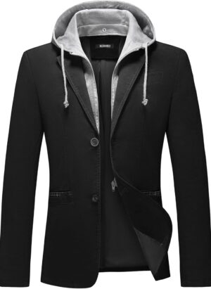 KUDORO Mens Blazer Jacket with Detachable Hood Slim Fit Suit Jackets Two Button Casual Tuxedo for Men Classic Blazer