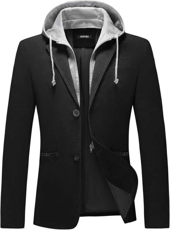 KUDORO Mens Blazer Jacket with Detachable Hood Slim Fit Suit Jackets Two Button Casual Tuxedo for Men Classic Blazer