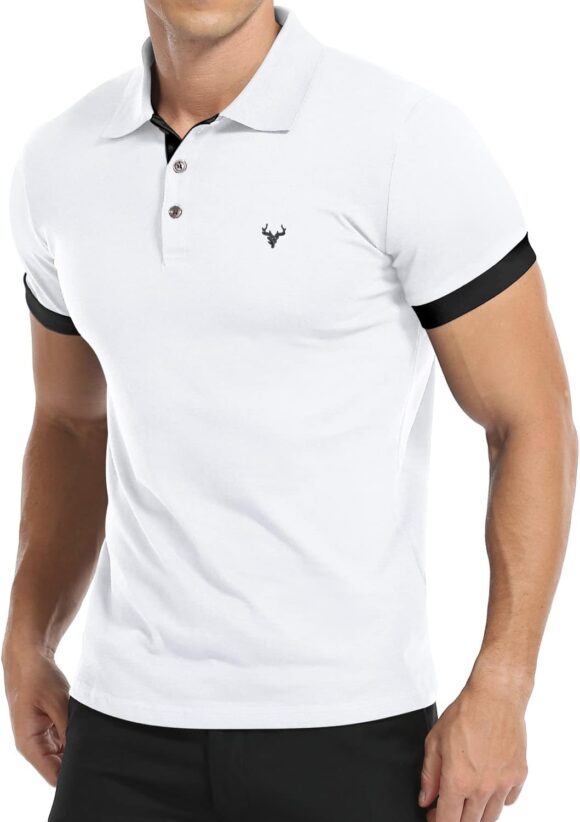KUYIGO Mens Short Sleeve Polo Shirts Deer Head Embroidery Golf Tennis Cotton T-Shirt S-XXL