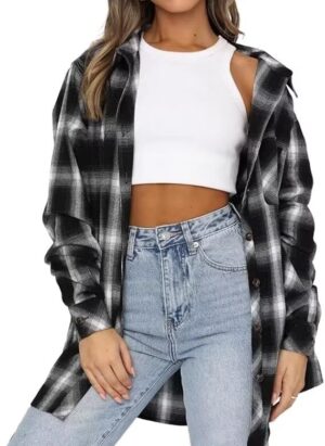 LACOZY Womens Flannel Checked Shirts Long Sleeve Oversized Buffalo Plaid Shirt Collar Button Down Blouses Tops