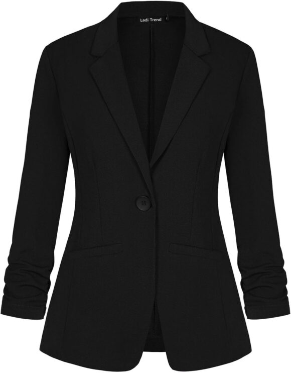 LADI TREND Womens Casual Blazer Suit One Button Jacket Blazers Notched Lapel Workwear Elegant 3/4 Ruched Sleeve Classic Formal