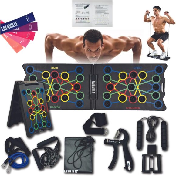 LALAVILLE Push Up Board Fitness 2023, Portable Foldable 34 in 1 Push Up Bar at Home Gym, 2x Pushup Handles, 2x Resistance Bands, 1x Jump Rope, 1x Wrist Strengthener, 1x Bag, 5x Yoga Resistance Bands,