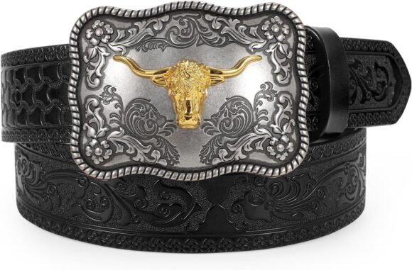 LEACOOLKEEY Western Leather Buckle Belt for Men Women Cowboy Cowgirl Leather Belt for Jeans Pants