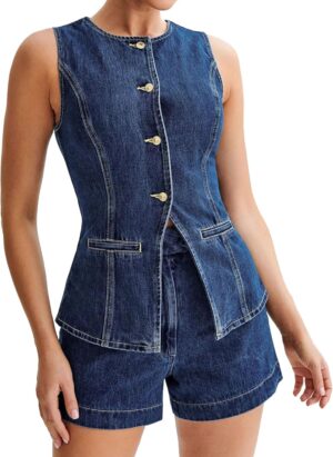 LSFYSZD Denim Vest for Women Casual Crew Neck Button Down Tank Tops Sleeveless Slim Fitted Jeans Gilet Jackets Waistcoat