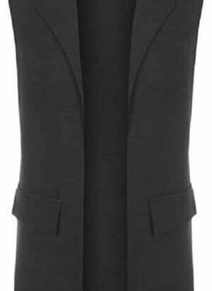 LUXE DIVA Ladies Front Open Sleeveless Long Duster Coat Waistcoat Blazer Womens Sleeveless Open Front Long Waistcoat Stylish Crepe Pocket Jacket Coat Plus Size UK Size 8-26