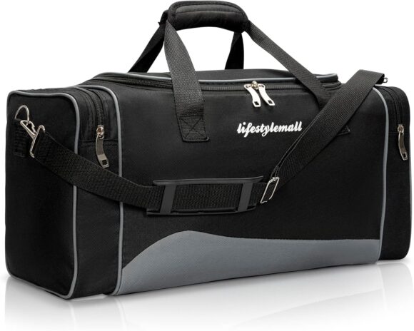 LifeStyleMall Sports Bag - Gym Bag - 35 L - Gym Bag Mens – Travel Bag – Waterproof and Tear Resistant Duffle Bag – Multipurpose -Modern Design – Ideal for Gym, Airport (Black/Grey)