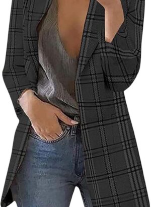 Long Blazers for Women UK Blazers for Women Business Casual Cardigan Plus Size Open Front Jackets with Pockets Solid Color Turn Down Collar Outwear Long Sleeve Hoodless Fall Winter Slim Workout Coat