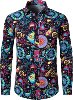 LucMatton Men's Linen Stylish African Traditional Pattern Printed Long Sleeve Button up Shirt